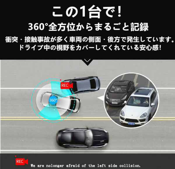 ミラー型ドライブレコーダー360°カメラ搭載 1200万画素 高画質 駐車監視 G-Sensor 32GBカード付属 日本語取扱説明書