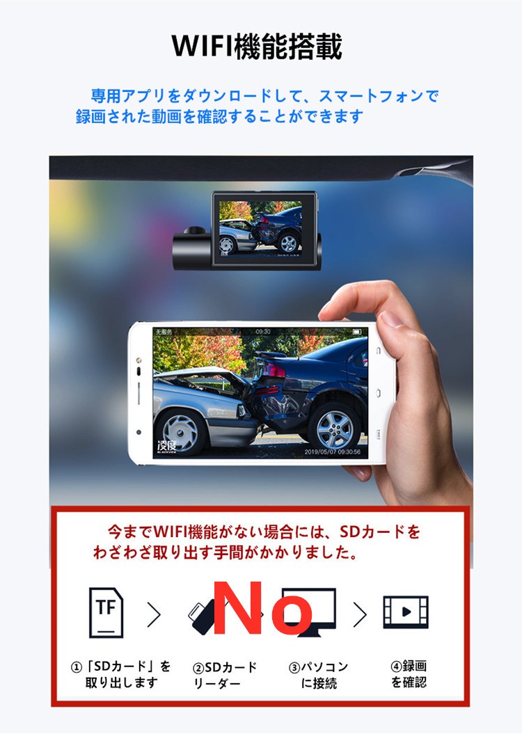 ドライブレコーダー 前後カメラ 車内外同時録画 1080PフルHD  GPS搭載 内蔵wifi 【32GBSカード付】 - 画像 (6)