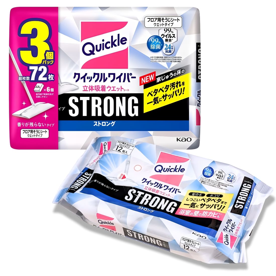 Kao クイックルワイパー ストロング 大容量 立体吸着ウエットシート 24枚ｘ3袋 ウイルス99%除去 除菌 香りが残らないタイプ 住宅用お掃除シート サイズ約 205mm × 約 285mm #27518 梅雨の時期 湿気でベタつく床に - 画像 (1)