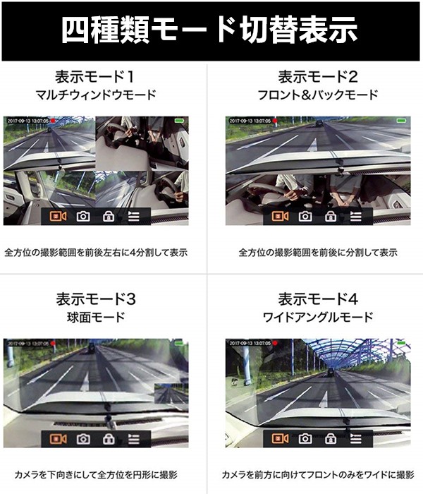ドライブレコーダー24時間駐車監視  車載前後カメラ 同時録画　360度全方位録画　日本語操作　タッチ画面操作簡単　あおり運転防止