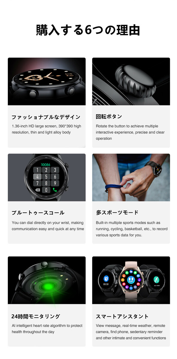 スマート ウォッチ AK32 スポーツ 活動量計 画面 1.36インチ 丸型タッチパネル LCDスクリーン サイズ:390*390 バッテリー:210mAh 15日間の長いバッテリー システム:iOS9.0以降、Android 4.4以降 アプリ言語:日本語対応 カラー3色