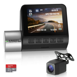 【32GBカード付き】ドライブレコーダー V50 4K 3840×2160Pと解像度:フロント2K+リア1080P 360度回転 前後カメラ 170°広角 WiFi Gセンサー  シガープラグと接続コード（対応車：インプット:DC12V-24V/アウトプット:DC:5V-3.1A 長さ:約 335cm）リアカメラコード:約 590cm - 画像 (1)