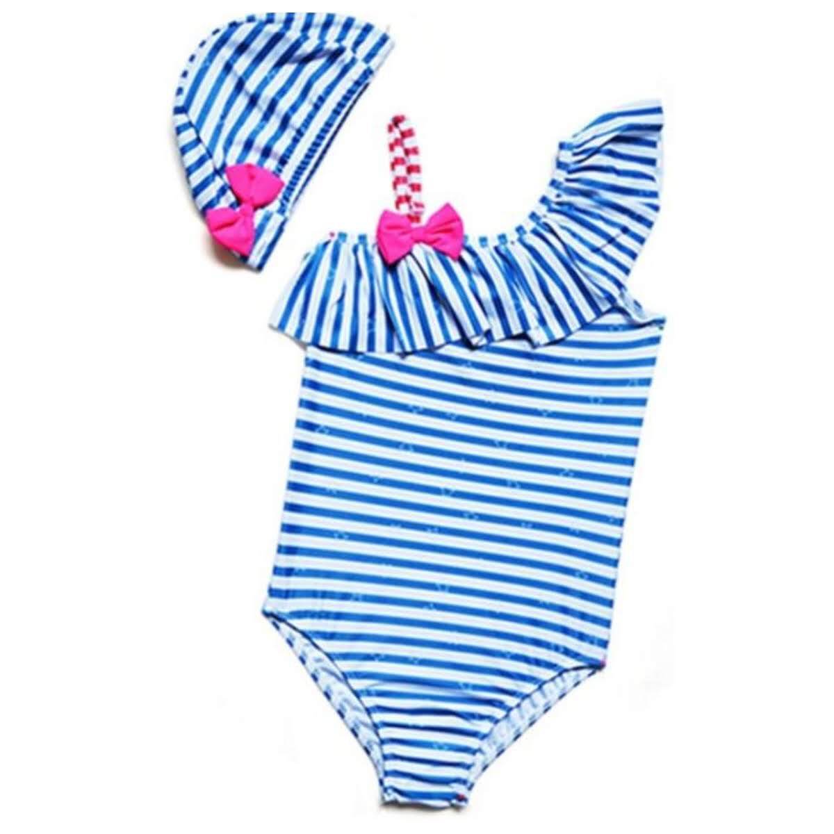 キッズ水着 女の子 帽子付 ストライプ柄 縞 ボーダー オールインワンタイプ デザイン×サイズ ガールズ レッド ブルー サイズ 身長 100cm, 110cm こどもの日 プレゼント - 画像 (6)