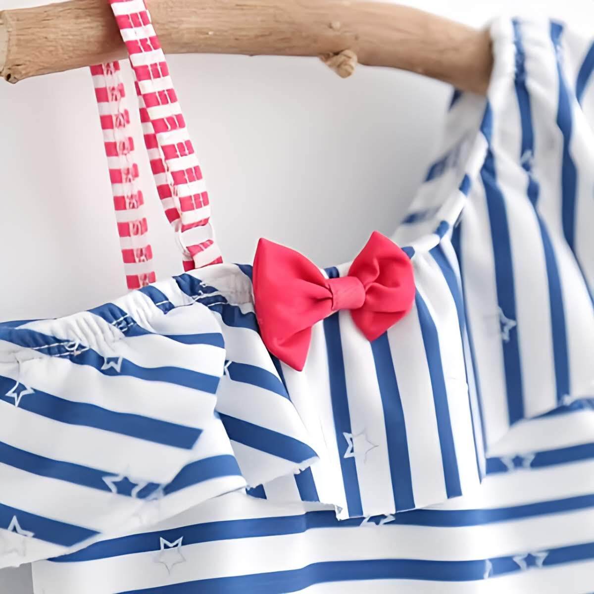 キッズ水着 女の子 帽子付 ストライプ柄 縞 ボーダー オールインワンタイプ デザイン×サイズ ガールズ レッド ブルー サイズ 身長 100cm, 110cm こどもの日 プレゼント - 画像 (7)