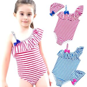 キッズ水着 女の子 帽子付 ストライプ柄 縞 ボーダー オールインワンタイプ デザイン×サイズ ガールズ レッド ブルー サイズ 身長 100cm, 110cm こどもの日 プレゼント - 画像 (1)