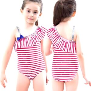 キッズ水着 女の子 帽子付 ストライプ柄 縞 ボーダー オールインワンタイプ デザイン×サイズ ガールズ レッド ブルー サイズ 身長 100cm, 110cm こどもの日 プレゼント - 画像 (2)