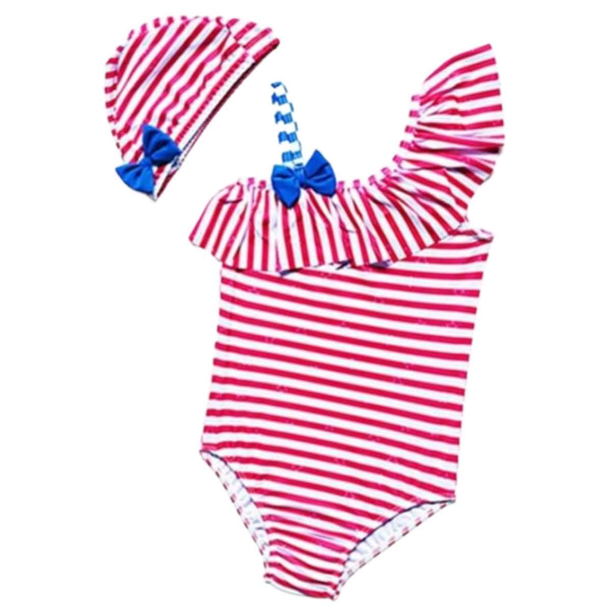 キッズ水着 女の子 帽子付 ストライプ柄 縞 ボーダー オールインワンタイプ デザイン×サイズ ガールズ レッド ブルー サイズ 身長 100cm, 110cm こどもの日 プレゼント - 画像 (5)