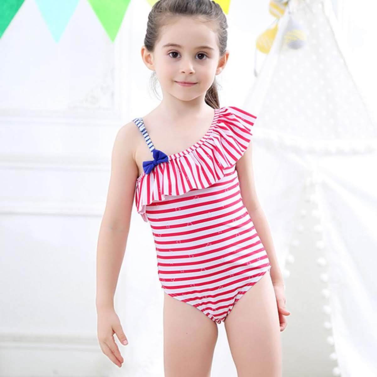キッズ水着 女の子 帽子付 ストライプ柄 縞 ボーダー オールインワンタイプ デザイン×サイズ ガールズ レッド ブルー サイズ 身長 100cm, 110cm こどもの日 プレゼント - 画像 (8)