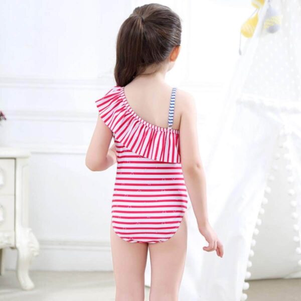 キッズ水着 女の子 帽子付 ストライプ柄 縞 ボーダー オールインワンタイプ デザイン×サイズ ガールズ レッド ブルー サイズ 身長 100cm, 110cm こどもの日 プレゼント