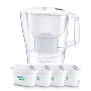 ブリタ ポット型 浄水器 アルーナ 容量2.4L カートリッジ4個付き ろ過水容量1.25L  液晶メモ (交換目安:1日5.3L で4週間 ) 型番:KBALCW4M  サイズ(mm) : 奥行100 横幅249 高さ260mm 実用的 母の日 父の日 プレゼント - 画像 (1)