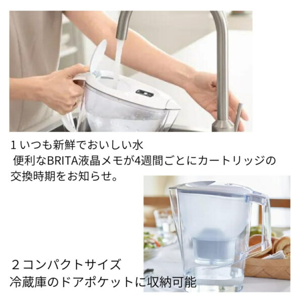 ブリタ ポット型 浄水器 アルーナ 容量2.4L カートリッジ4個付き ろ過水容量1.25L 液晶メモ (交換目安:1日5.3L で4週間 ) 型番:KBALCW4M サイズ(mm) : 奥行100 横幅249 高さ260mm 実用的 母の日 父の日 プレゼント