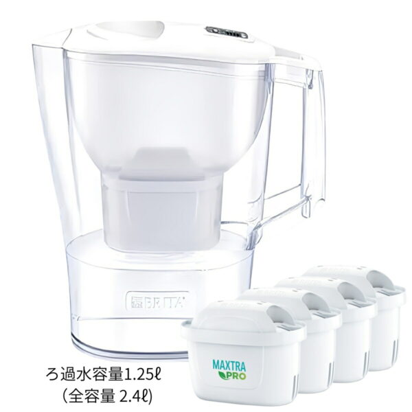 ブリタ ポット型 浄水器 アルーナ 容量2.4L カートリッジ4個付き ろ過水容量1.25L 液晶メモ (交換目安:1日5.3L で4週間 ) 型番:KBALCW4M サイズ(mm) : 奥行100 横幅249 高さ260mm 実用的 母の日 父の日 プレゼント