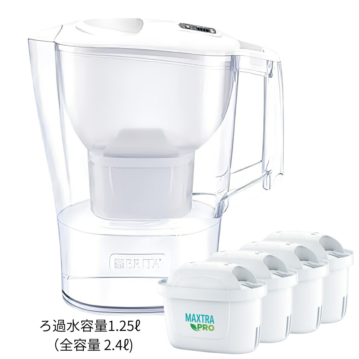 ブリタ ポット型 浄水器 アルーナ 容量2.4L カートリッジ4個付き ろ過水容量1.25L  液晶メモ (交換目安:1日5.3L で4週間 ) 型番:KBALCW4M  サイズ(mm) : 奥行100 横幅249 高さ260mm 実用的 母の日 父の日 プレゼント - 画像 (15)