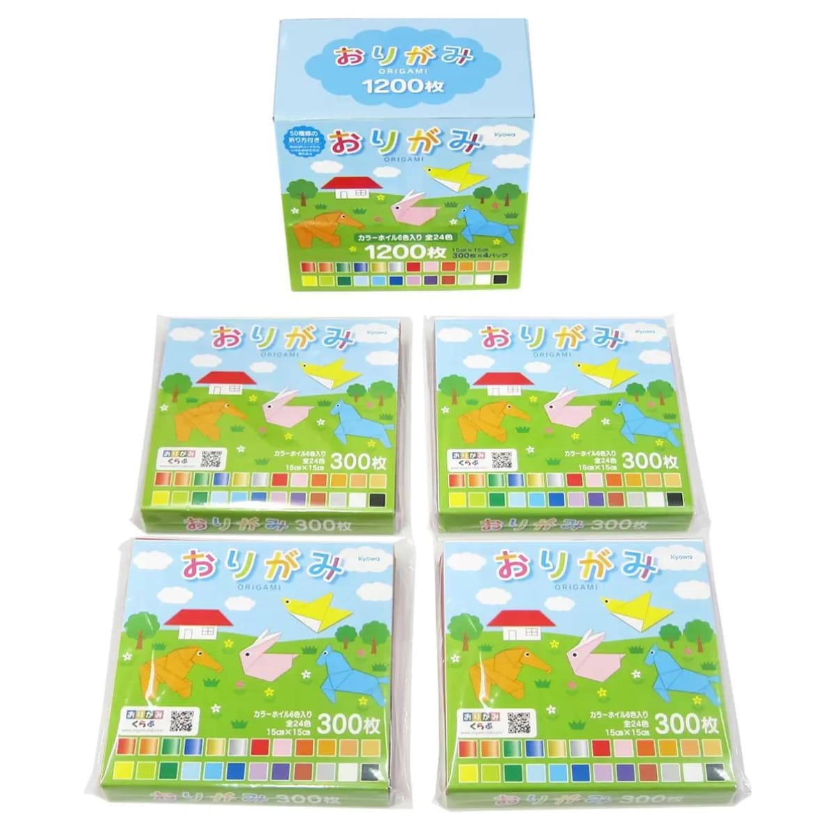 Kyowa(キョーワ) おりがみ 全24色 300枚 x 4 カラーホイル 6色入り 1200枚 #13689  サイズ:15×15cm  日本製 協和 折り紙 50種類の折り方付き 幼児から 大人まで楽しめる 工作 作品作り - 画像 (5)