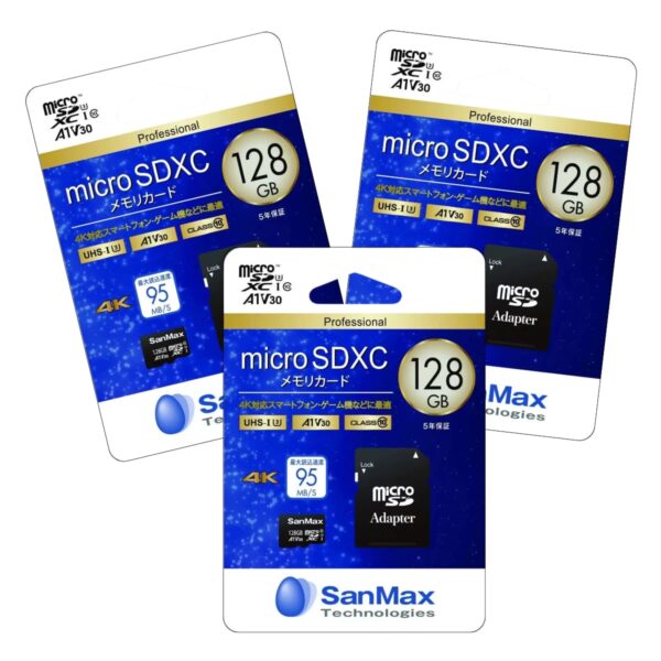 SanMax(サンマックス)  Micro SDXC 128GB×3枚セット 防水(SDアダプタは対象外) SMP128AV ビデオスピードクラスV30 スピードクラスC10 UHSスピードクラスUHS-I U3 読み取り速度95MB/秒 ゲーム機対応 SDカード変換アダプタ付属 #51623 台湾製