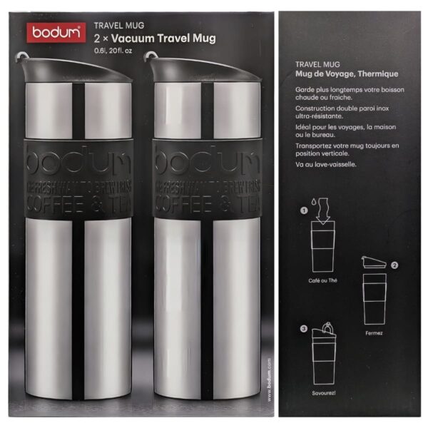水筒 ボダム トラベルマグ ステンレス製 二重断熱 保温保冷 600ml 2個セット 型番:K12151-01COS 食器洗い 乾燥機可 保温効力:54℃以上(6h) 保冷効力:12℃以下(6h) 実用的 丈夫な水筒 #57657 実用的 母の日 父の日 プレゼント 冷たい 飲み物をキープ