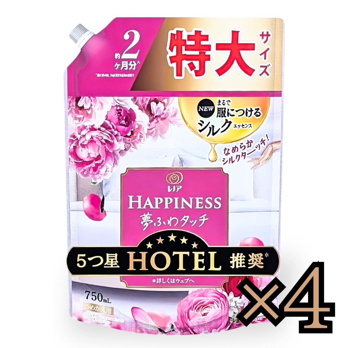 レノアハピネス 夢ふわタッチ 5つ星ホテルのような贅沢な肌ざわり なめらかシルクタッチ 華やかに香るアンティークローズ 特大  詰め替え 750ml (約2ヶ月分)×4個入 - 画像 (1)