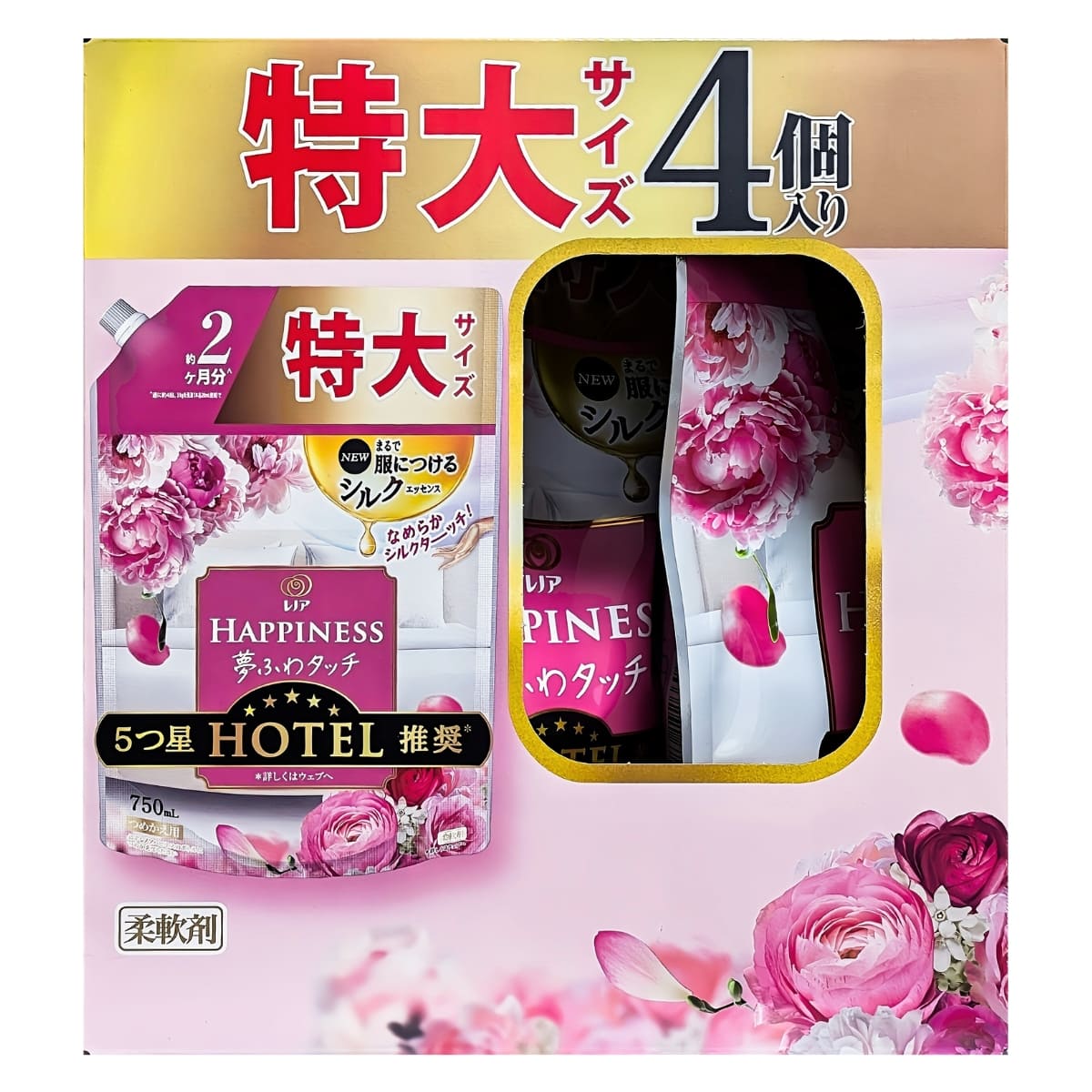 レノアハピネス 夢ふわタッチ 5つ星ホテルのような贅沢な肌ざわり なめらかシルクタッチ 華やかに香るアンティークローズ 特大  詰め替え 750ml (約2ヶ月分)×4個入 - 画像 (2)